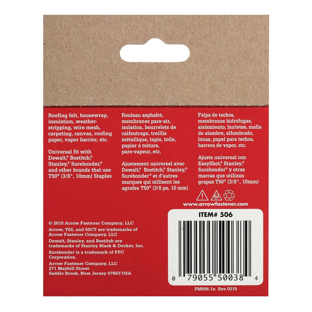 Arrow T50 Type 38 in. Leg x 38 in. Crown Galvanized Steel Staples (1250-Pack) 506