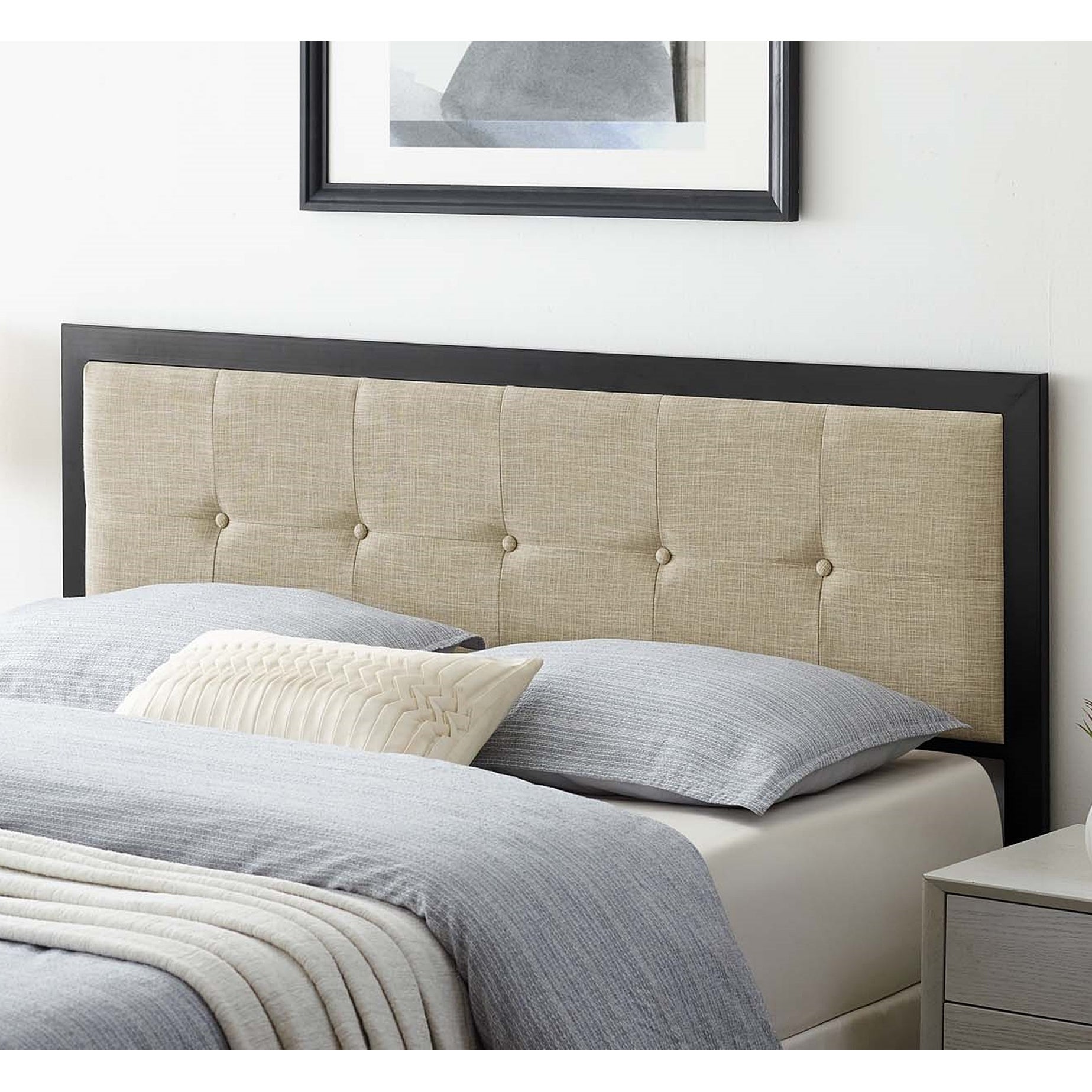 Waldorf Modern Beige Fabric Button Tufted Upholstered Full Size Metal Headboard - - 31717183