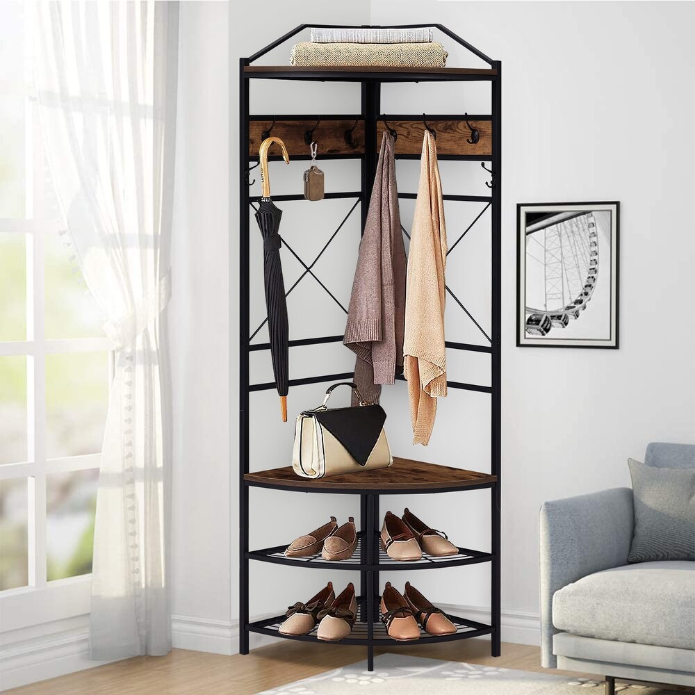 Industrial Corner Hall Tree for Entryway  Coat Rack with 8 Double Hooks Shoe Storage for Home Bedroom Hallway