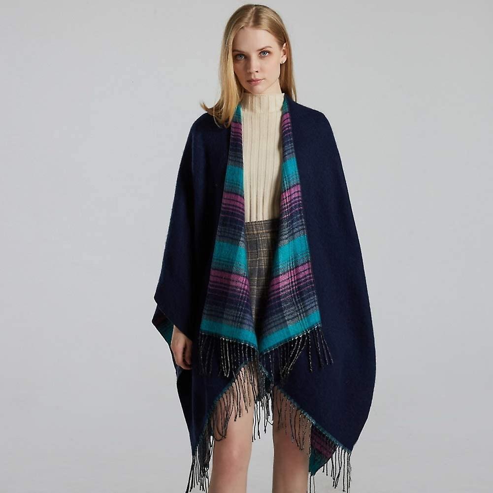 Women's Tassel Plaid Poncho Pashmina Shawl Wrap Cape Sweater Purple -