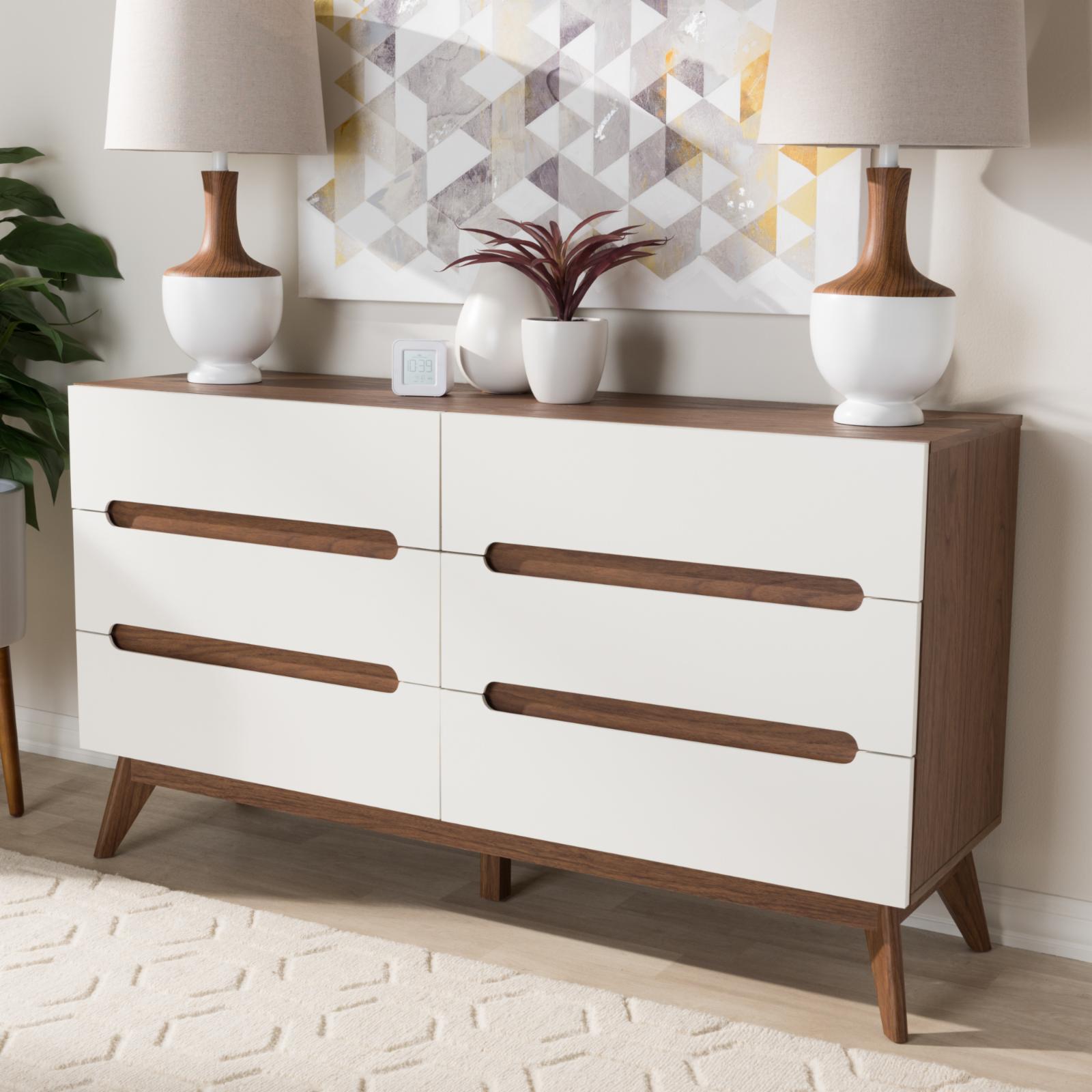 Baxton Studio Calypso White and Walnut Wood 6-Drawer Storage Dresser