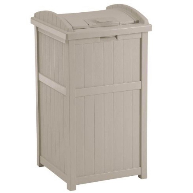 Suncast 30 33 Gallon Deck Patio Resin Garbage Trash Can Hideaway Taupe 2 Pack