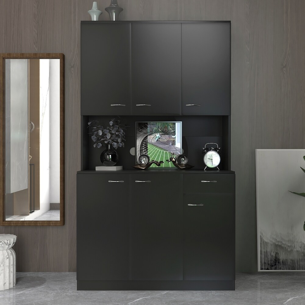 Tall Kitchen Cabinet  with 6 Doors  1 Open Shelves and 1 Drawer for bedroom Black