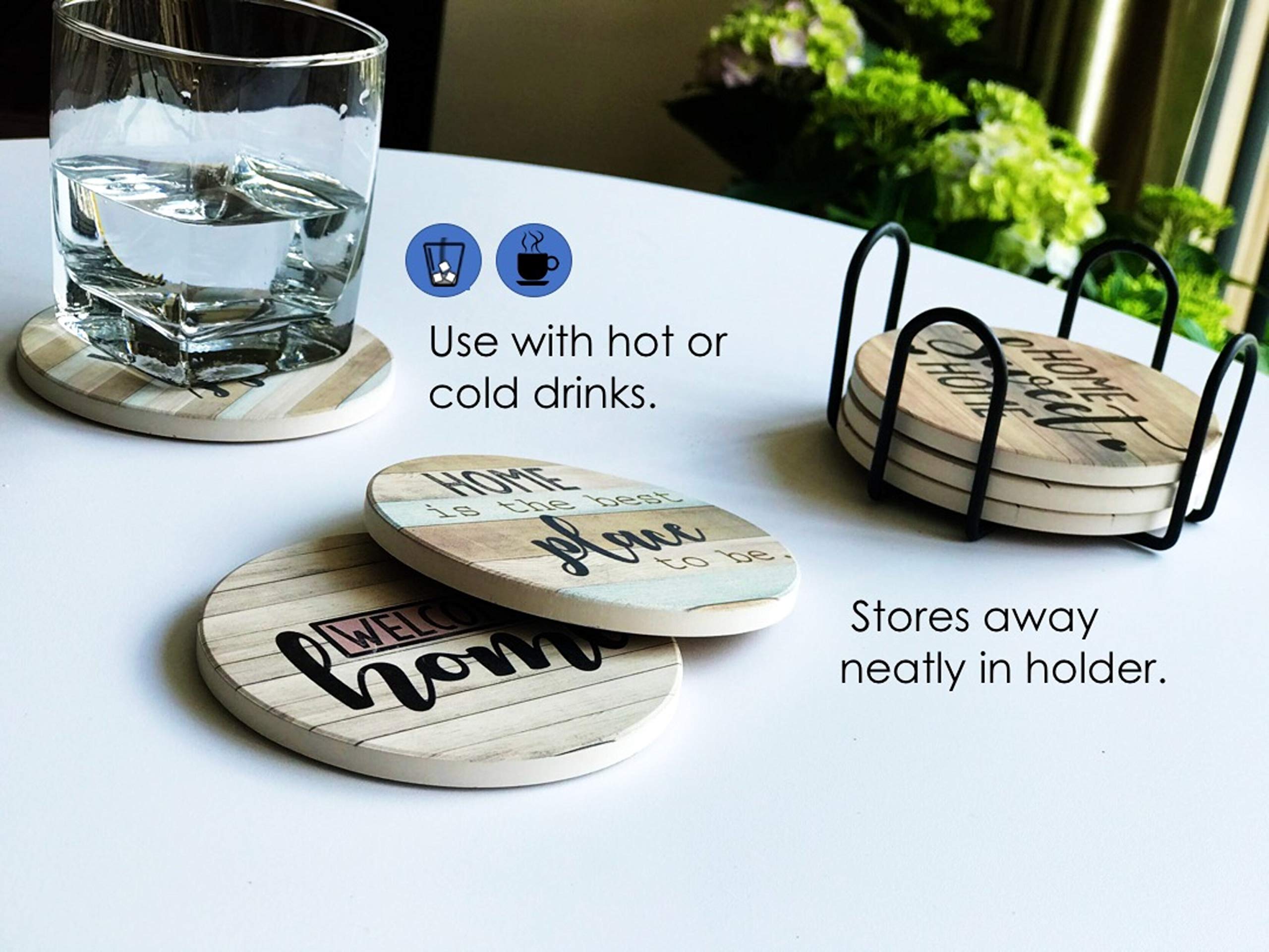 PANCHH Rustic Farmhouse Stone and Cork Coasters for Drinks， Absorbent - Set of 6 Coasters with Holder - Best Housewarming Gifts for New Home Ideas - Cute Kitchen and Coffee Table Décor and Accessories