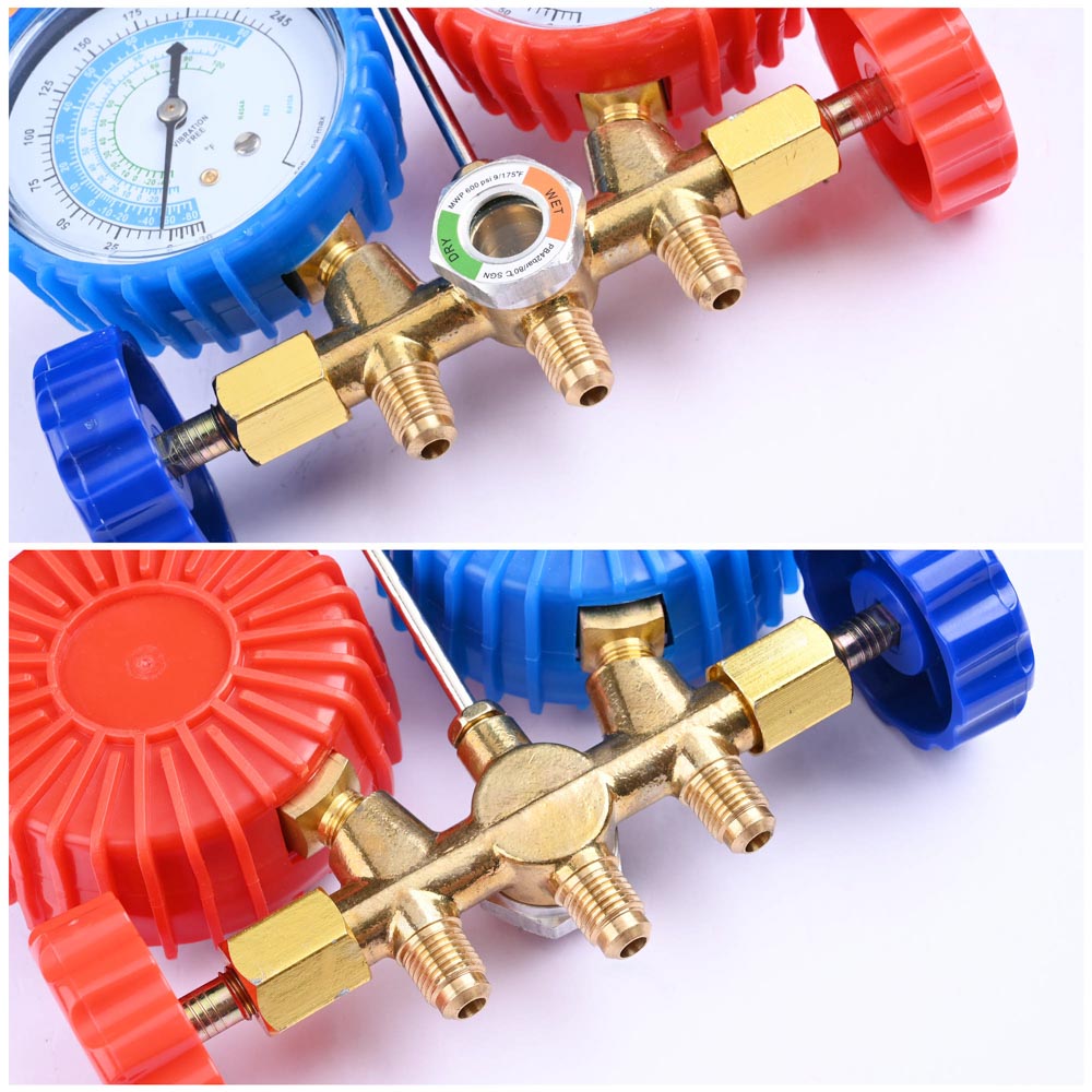 2 Valve R410a Refrigerant Manifold Gauge w/ 3 Hoses Side