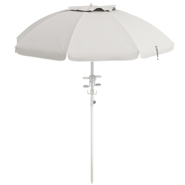 Outsunny 5 7 x27 Beach Umbrella With Cup Holders Hooks Vented Canopy Portable Outdoor Umbrella Cream White