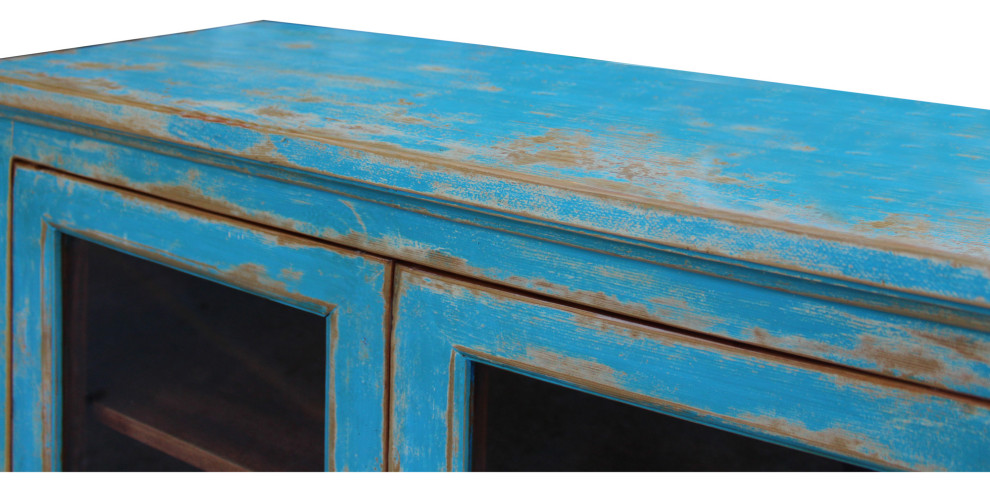 Distressed Bright Blue Glass Display Bookcase Curio Cabinet Hcs5382   Farmhouse   Bookcases   by Golden Lotus Antiques  Houzz