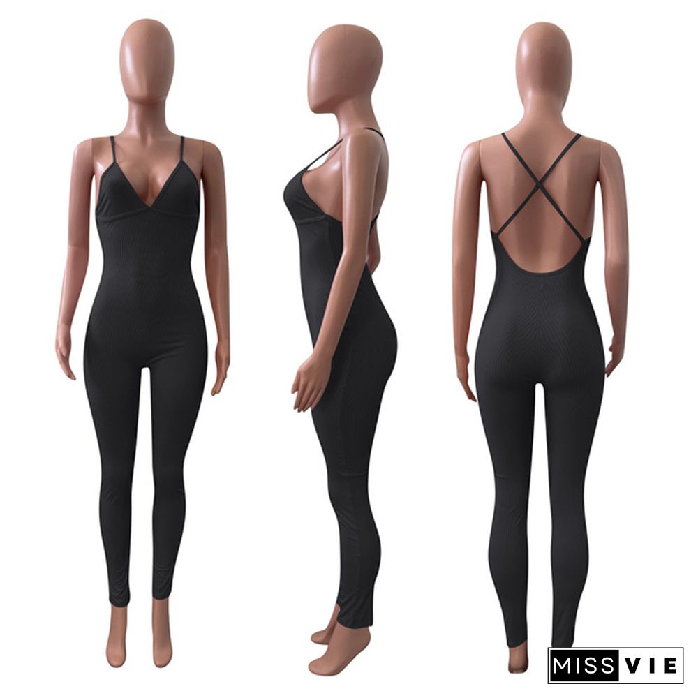 Women Sleeveless V-Neck Solid Ribbed Open Back Cross Summer Activewear Sexy One Piece Jumpsuit