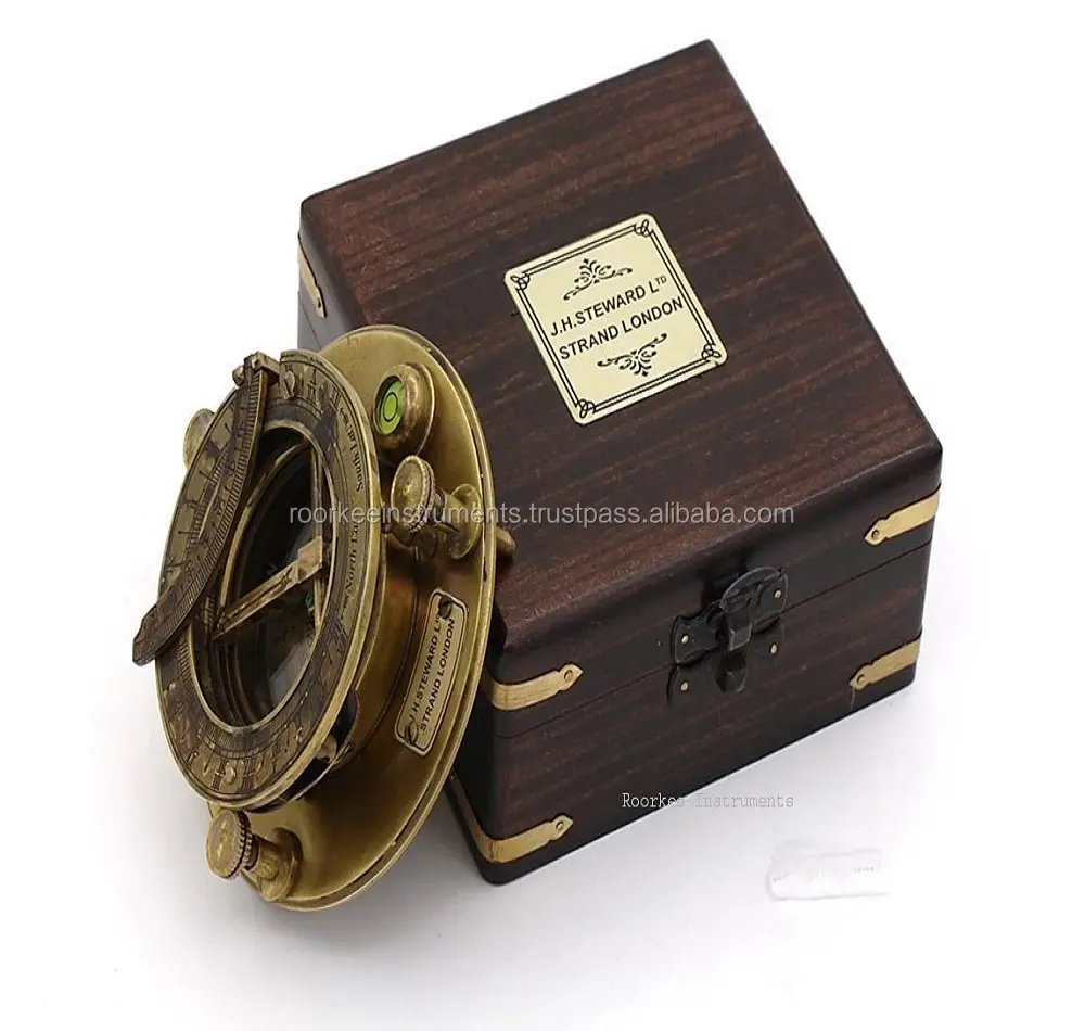 Vintage Brass Compass with Wooden Box/J.H. Steward Directional Magnetic Compass /Sundial Pocket Compass f