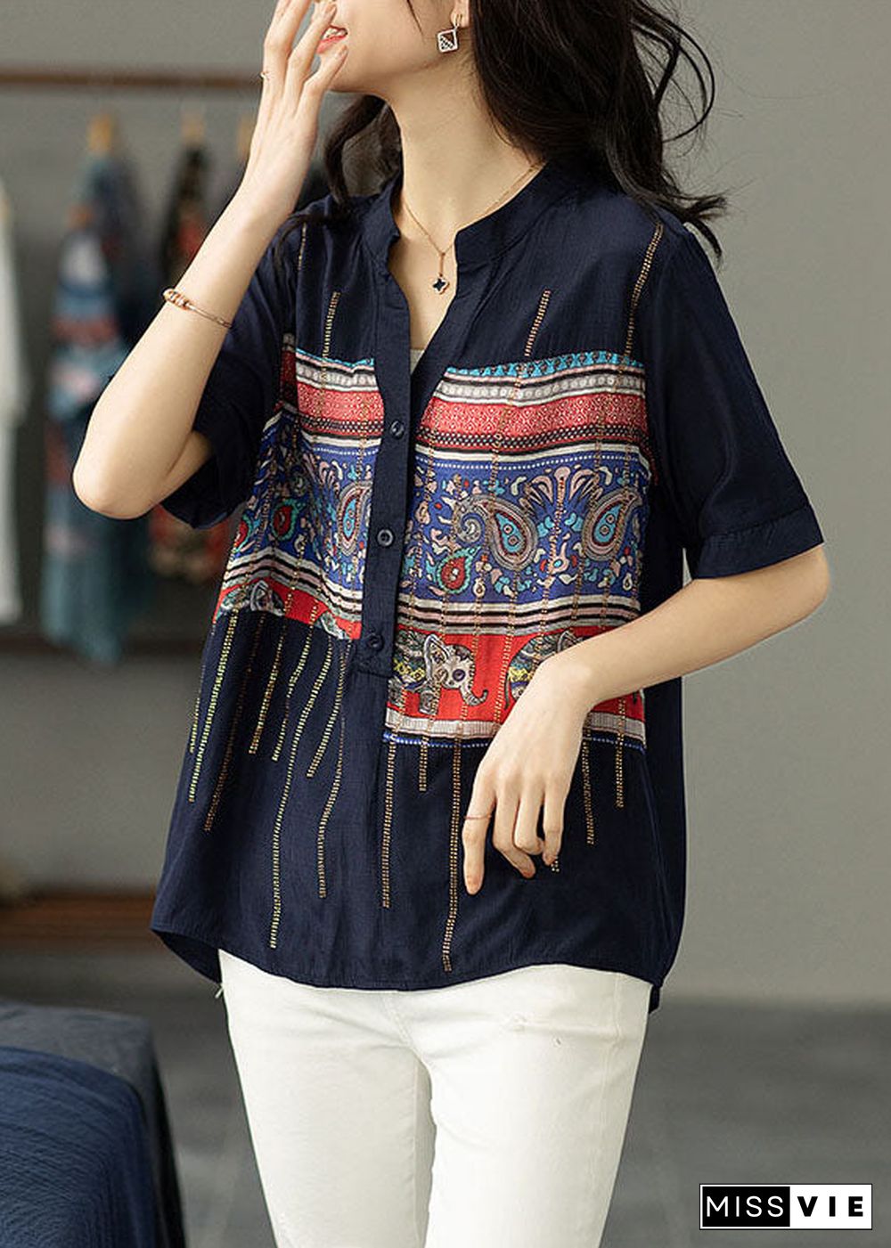 Women Navy Print Zircon Patchwork Cotton Shirt Tops Summer