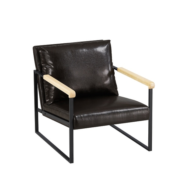 Classic Style Faux Leather PU Upholstery Arm Chairs Living Room Accent Chair with Metal Frame and Wood Arms Support