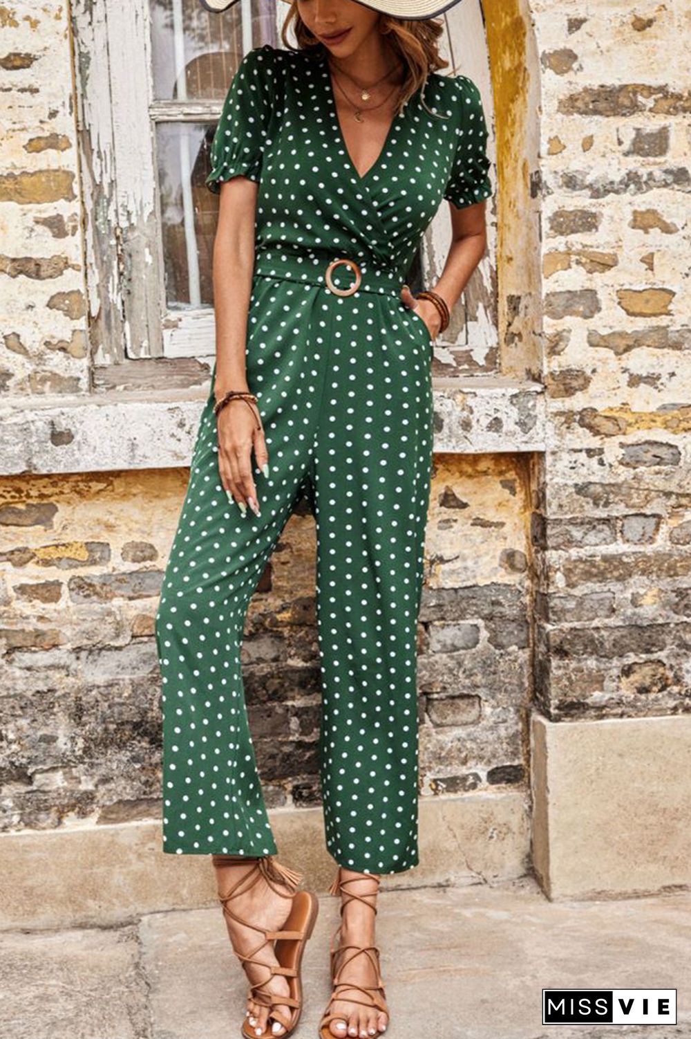 Polka Dot V Neck Jumpsuit Wholesale