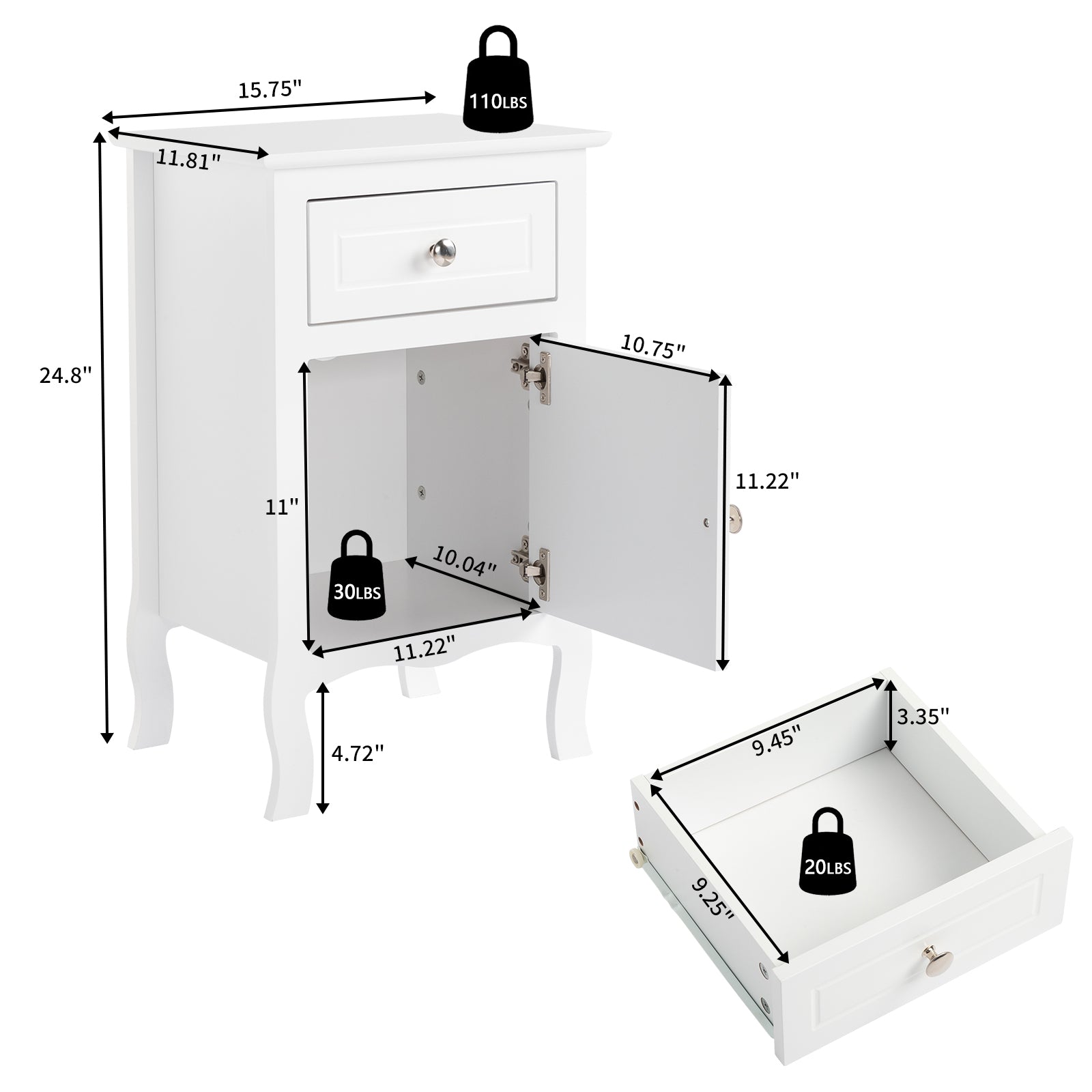 Nightstands Set of 2, Country Style End Table Nightstand Side Table with Drawer and Cabinet, Wood Accent Table with Storage for Bedroom Living Room, White