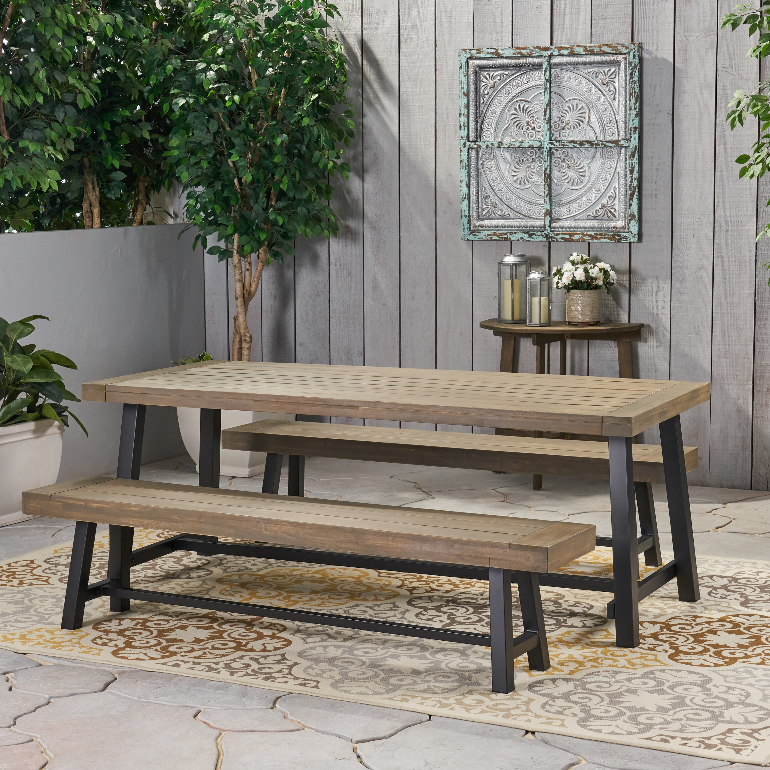 Bowman Farmhouse Outdoor Acacia Wood Picnic Dining Set