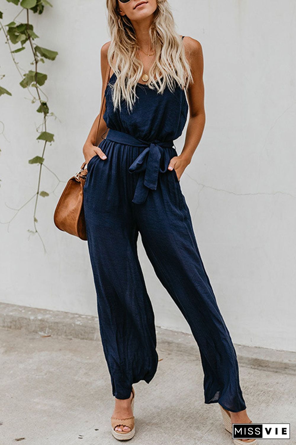 Fashion Street Solid Split Joint Spaghetti Strap Loose Jumpsuits