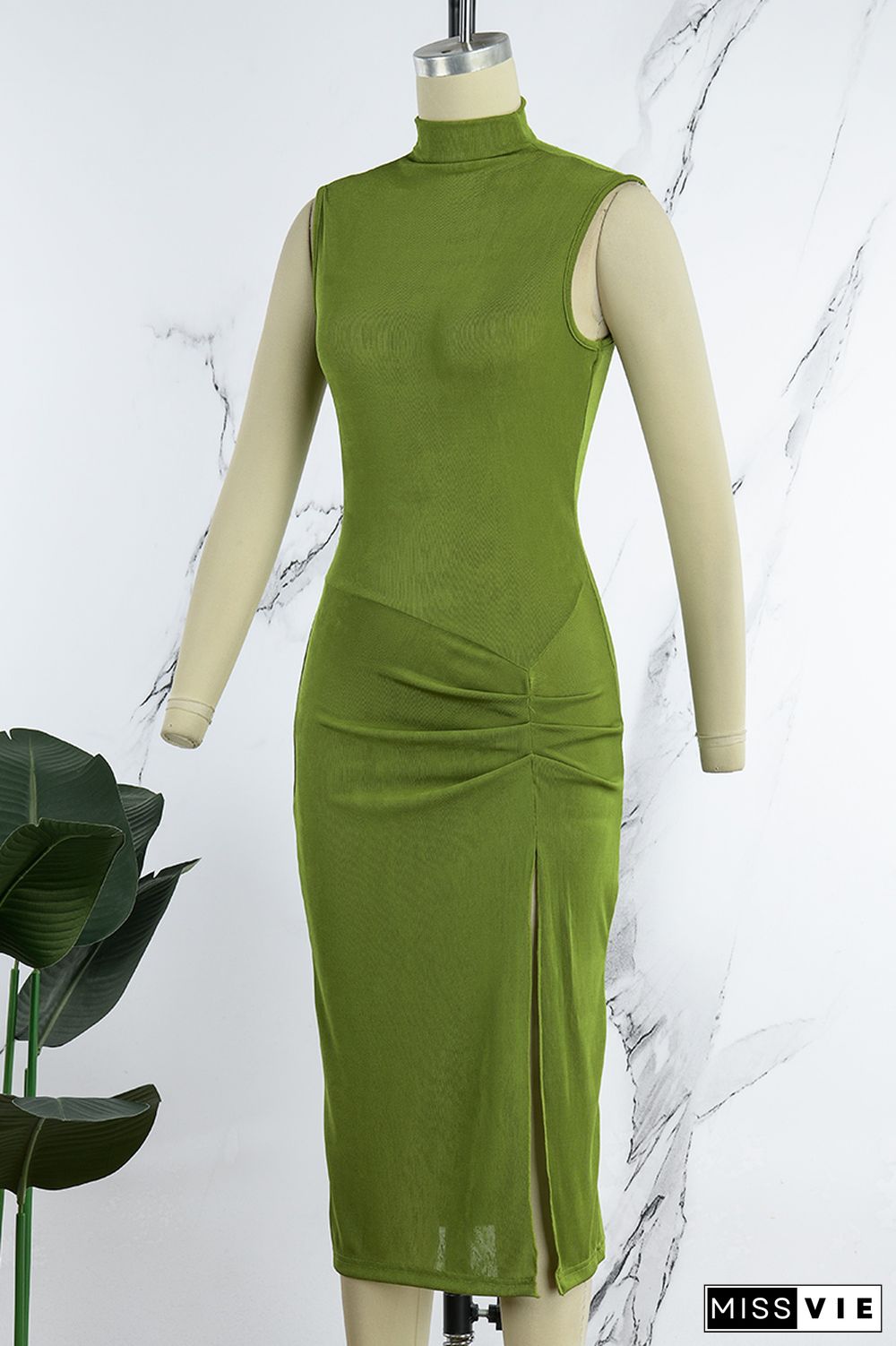 Army Green Elegant Solid High Opening Fold Turtleneck Wrapped Skirt Dresses