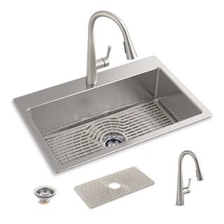 KOHLER Cursiva All-in-One Stainless Steel 33 in. Single Bowl Drop-In or Undermount Kitchen Sink with Faucet K-RH28174-1PC-NA