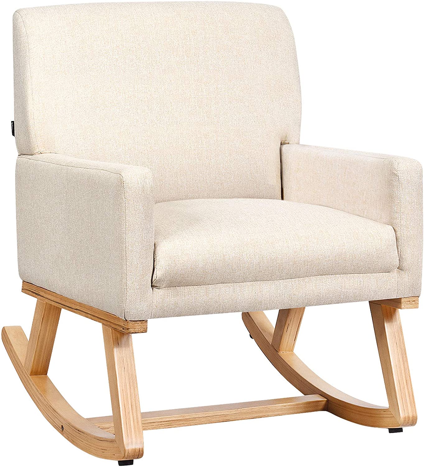 Giantex Upholstered Rocking Chair with Fabric Padded Seat and Solid Wood Base