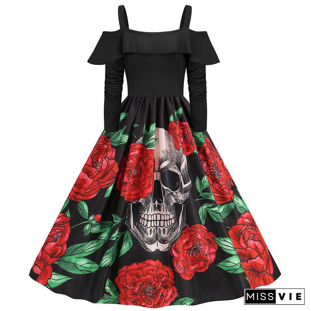 Halloween Printed Off The Shoulder Long Sleeve Dress