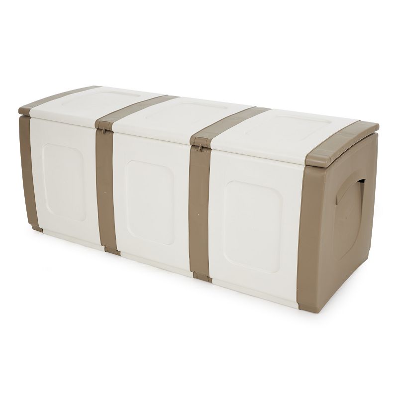 Homeplast Bold 79 Gallon Plastic Storage Trunk Resin Deck Box， Beige/White