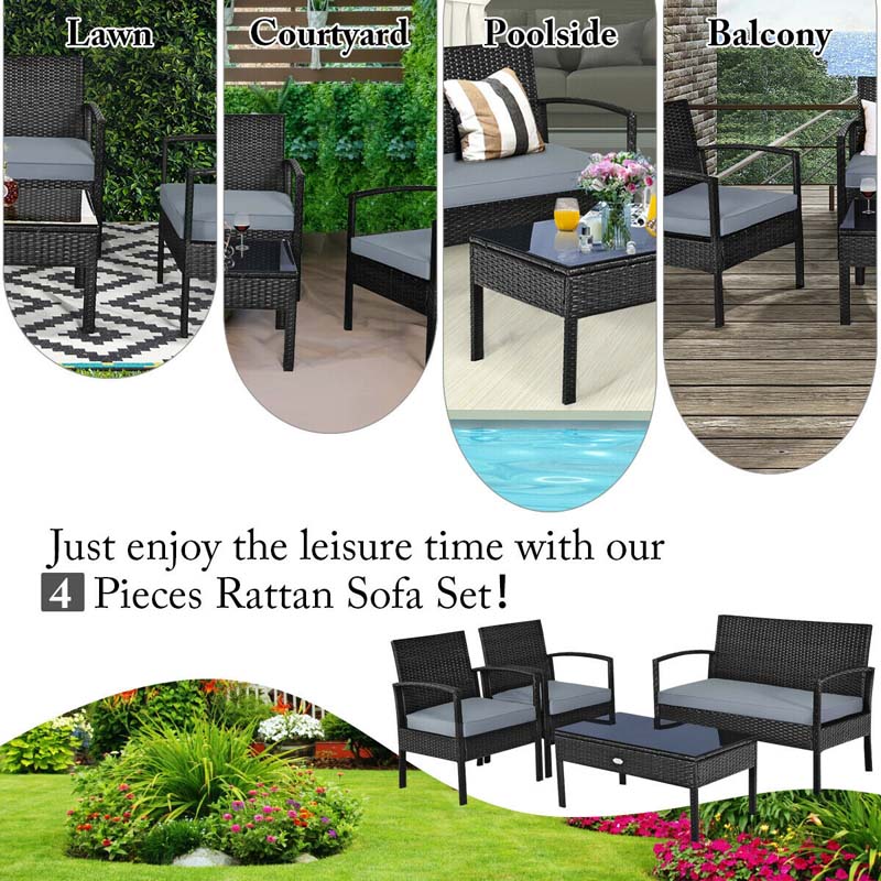 4 Pcs Wicker Patio Conversation Furniture Set Outdoor Rattan Sofa Set with Coffee Table & Washable Cushions