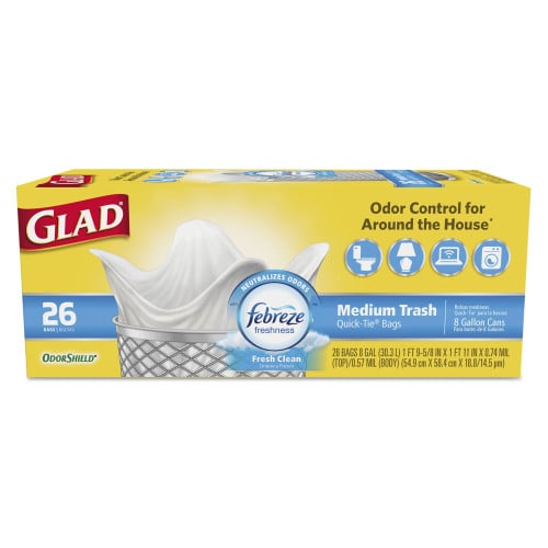 Glad OdorShield Medium Quick-Tie Trash Bags， 8 gal， 0.57 mil， 21.63