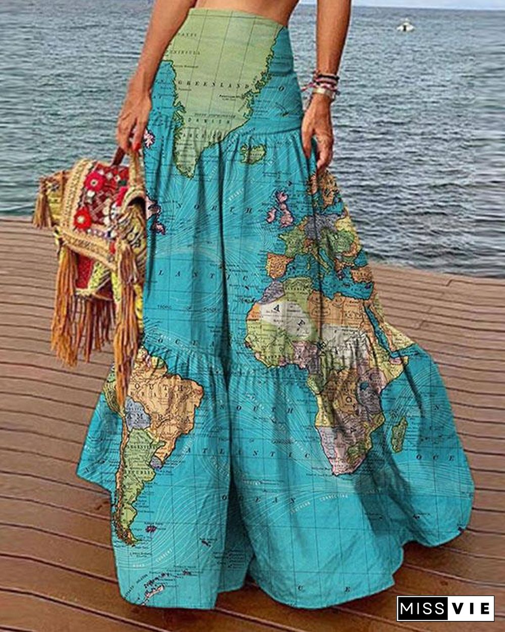 Casual High Waist Layer Ruffle Map Skirt