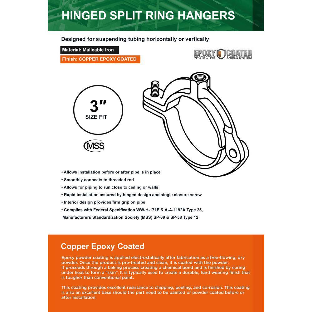 The Plumber's Choice 3 in. Hinged Split Ring Pipe Hanger Copper Epoxy Coated Clamp with 78 in. Rod Fitting for Hanging Tubing (5-Pack) 03HSHCP-5