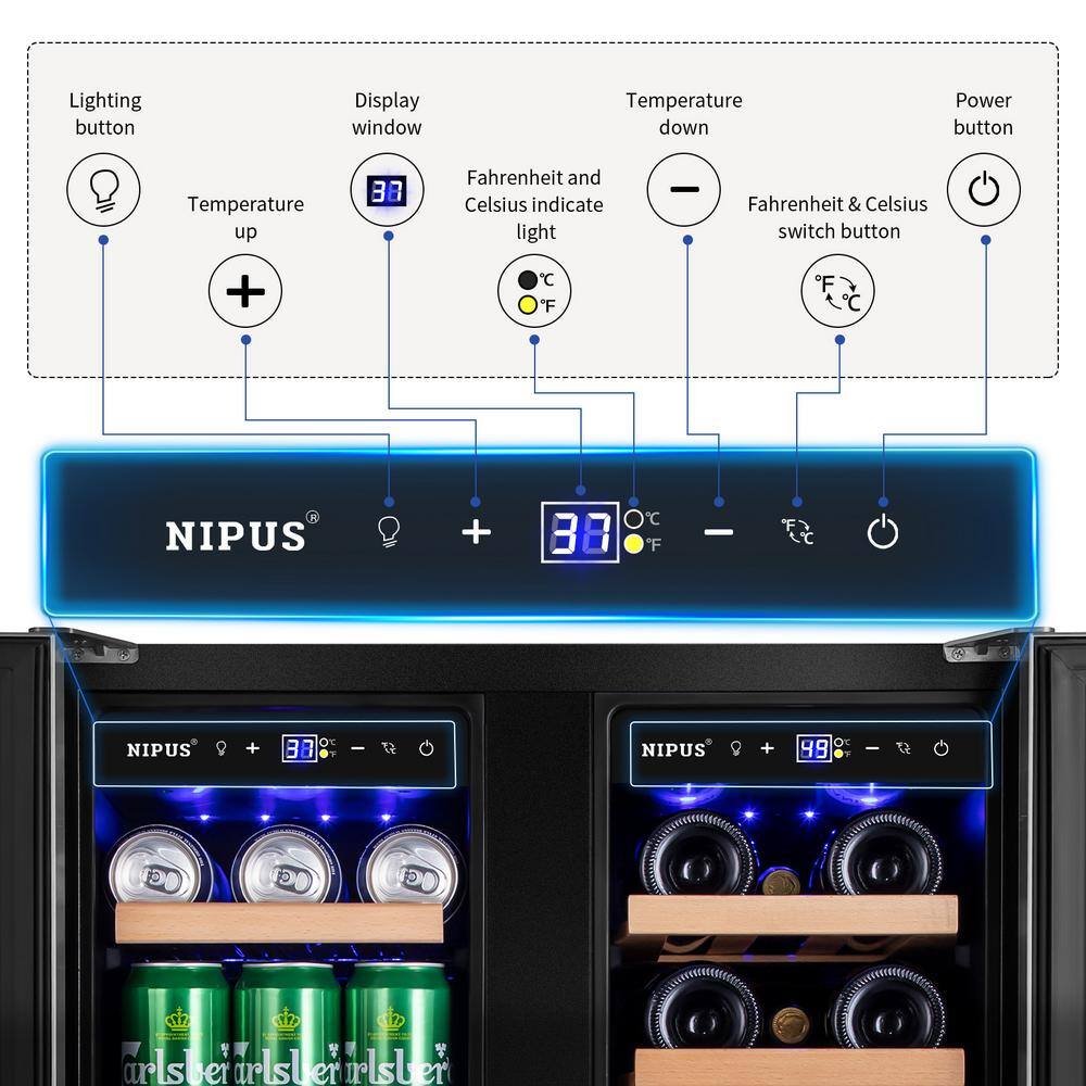 Nipus 24 in. Dual Zone 20-Wine Bottles and 60-Cans Beverage  Wine Cooler in Silver Two Shapes of Door Handle Blue LED Lights NPDUAL02