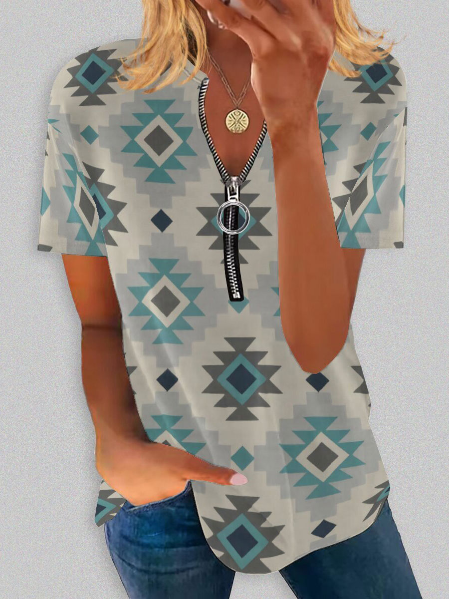 Round Neck Casual Loose Ethnic Geometric Print Short-sleeved T-shirt