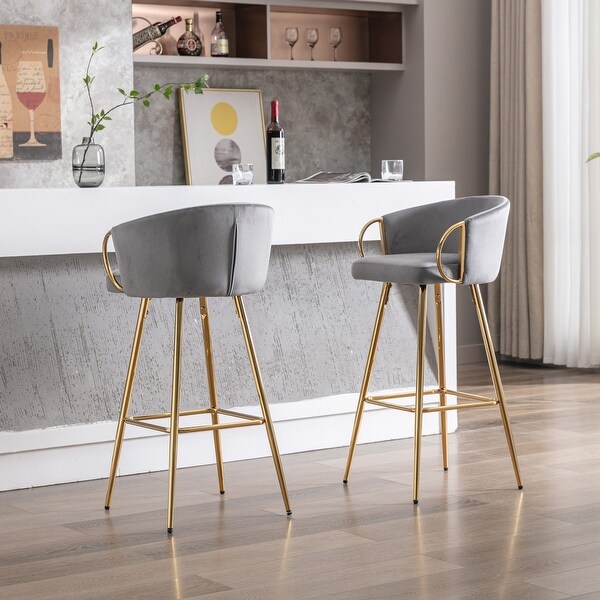 30 Inch Set of 2 Bar Stools with Chrome Footrest and Base Velvet and Golden Leg Simple Bar Stool for Kitchen