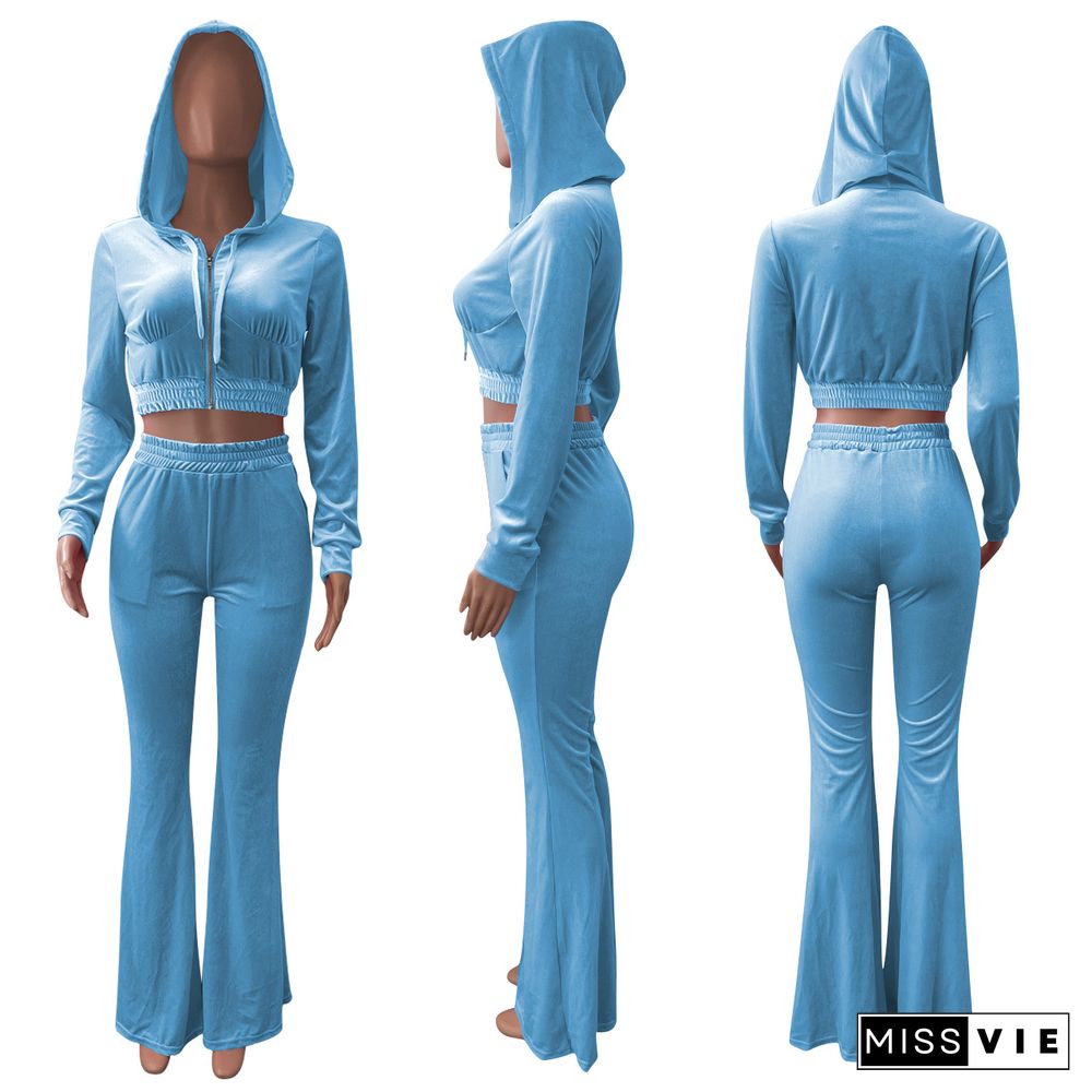 Velvet Solid Zipper Hooded Crop Tops Flare Pants Set