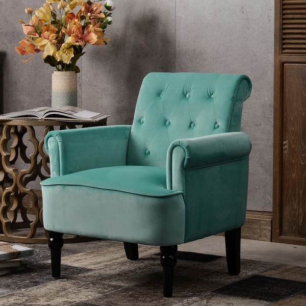 Elegant Button Tufted Club Chair Accent Armchairs Roll Arm Living Room Cushion with Wooden Legs， Teal Velvet