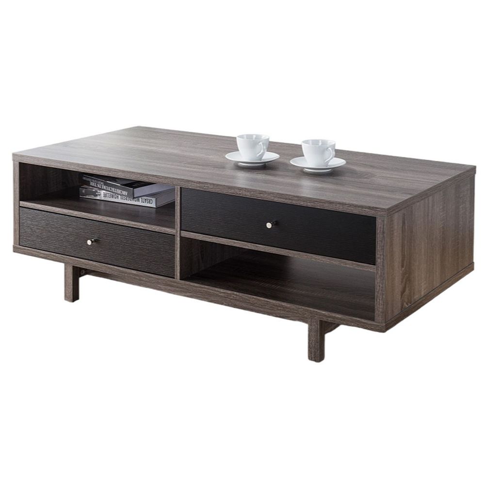 FC Design Distressed Grey and Black Coffee Table with 2 Drawers and 2 Shelves