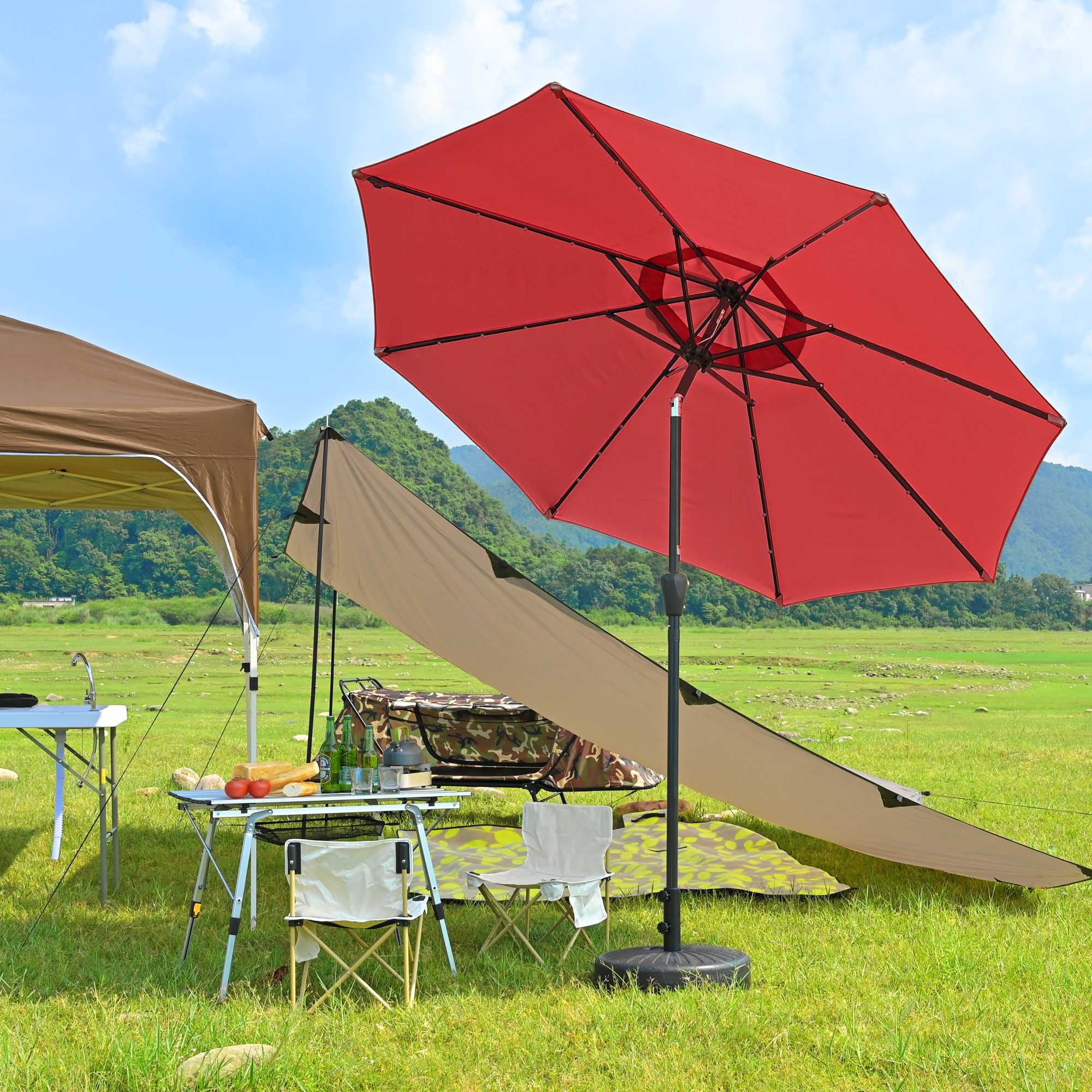 LAGarden 9Ft LED Lighted Patio Market Umbrella Outdoor Solar Powered Table Umbrella 8 Ribs 32 Lights UV30 Red