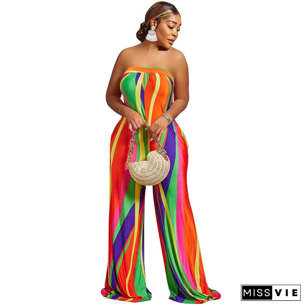 Elegant Striped Strapless Backless Wide Leg Jumpsuit