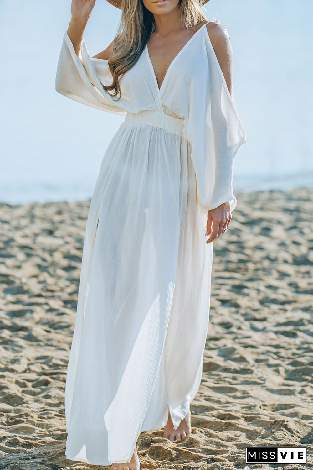 White Cold Shoulder Side Slit Deep V Neck Maxi Dress