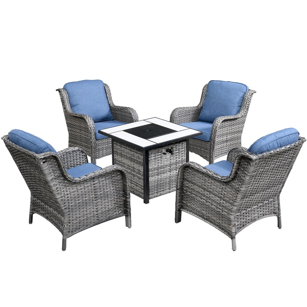 OVIOS Rattan Wicker 5 piece Patio Furniture Set Single Chairs With Fire Pit