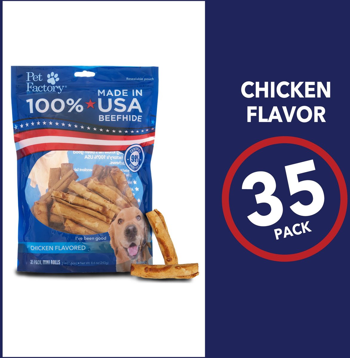 Pet Factory Beefhide 3 to 3.5-inch Mini Rolls Chicken Flavored Dog Hard Chews， 35 count