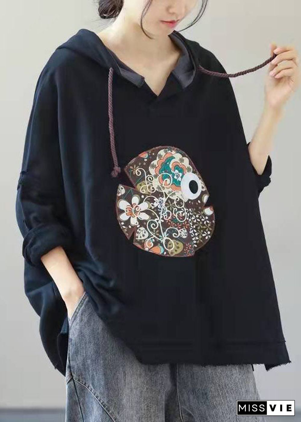 Beautiful Navy Hooded Drawstring Embroideried Fall Side Open Sweatshirts Top