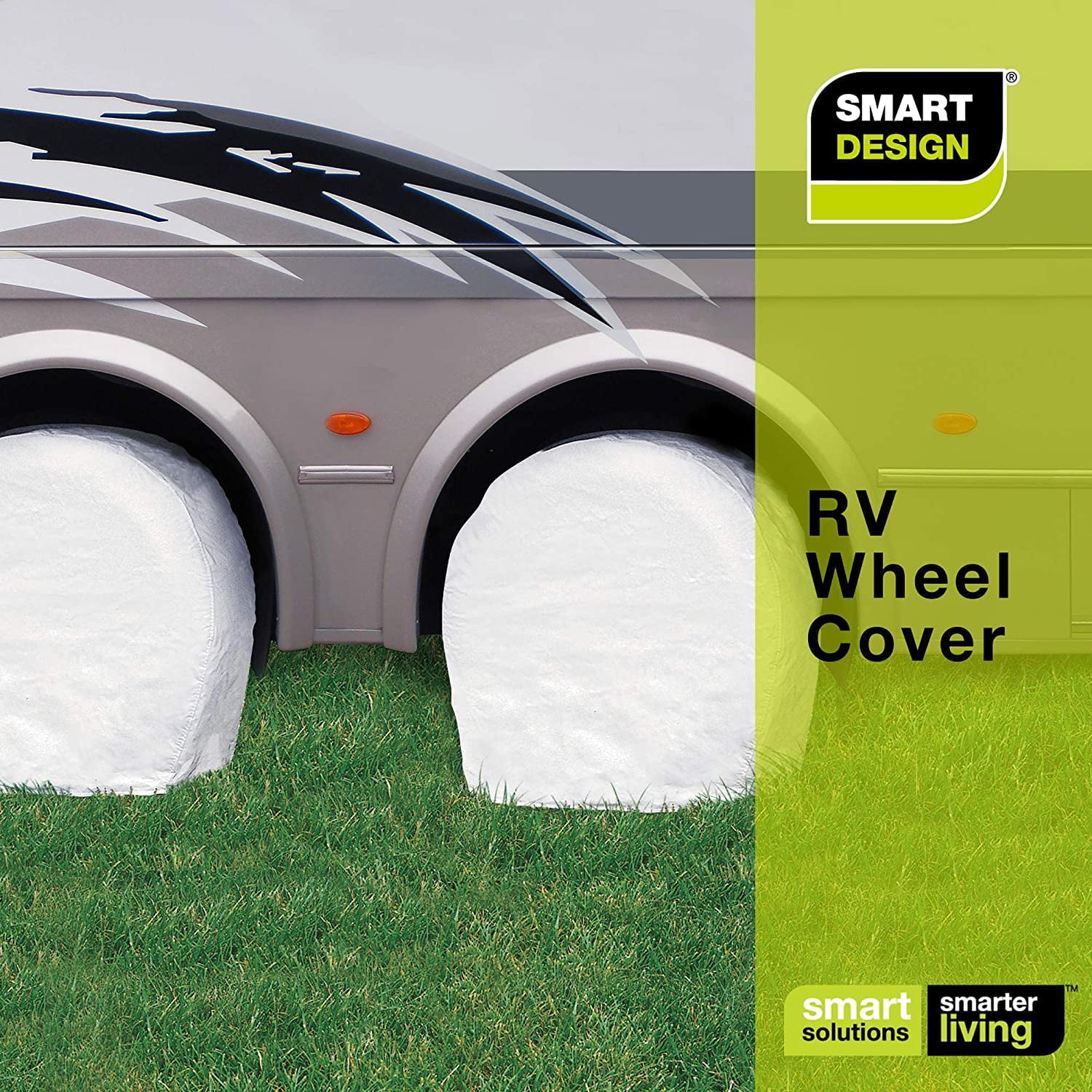 Smart Design RV Wheel Covers Set of 2 - Model 4 - Protects Against Rust and Outside Storage Damage - Trailer， Semi Trucks Travel and Large Vehicle Tires - Fits 32-34.5 inch Diameter Wheels - White w/ Felt