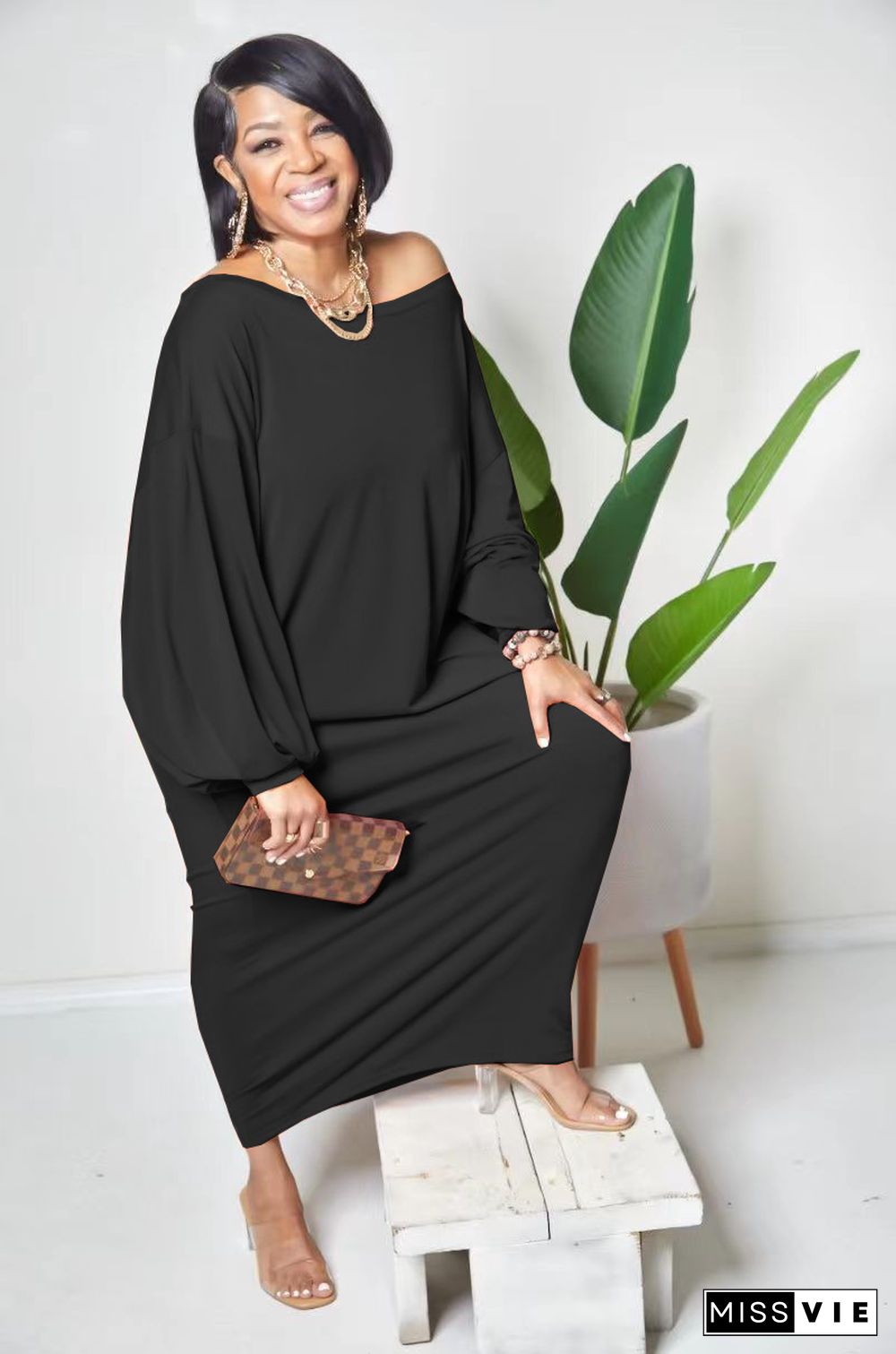 Solid Loose Bat Sleeve Casual Maxi Dresses