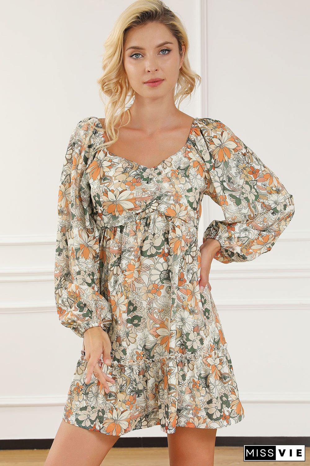 Floral Print Smocked Back Puff Sleeve Mini Dress