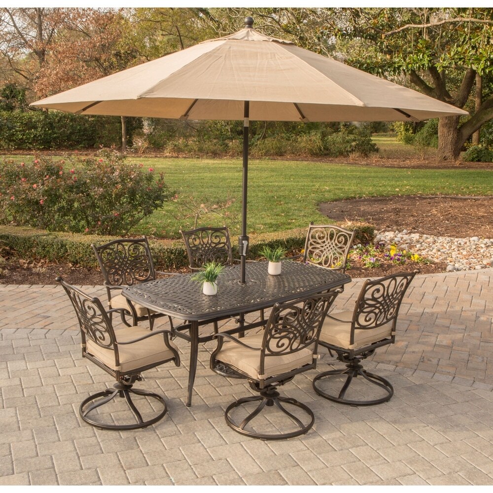 Hanover Traditions Tan Aluminum 7 piece Dining Set with Umbrella and Stand