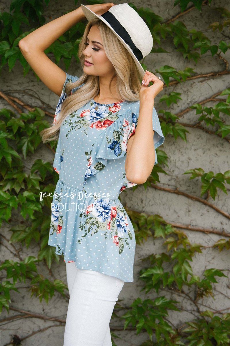 Polka Dot Floral Peplum Ruffle Top