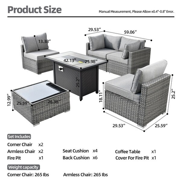 XIZZI Patio Furniture Set 6 Pieces Outdoor Sectional Rattan Sofa with Firepit