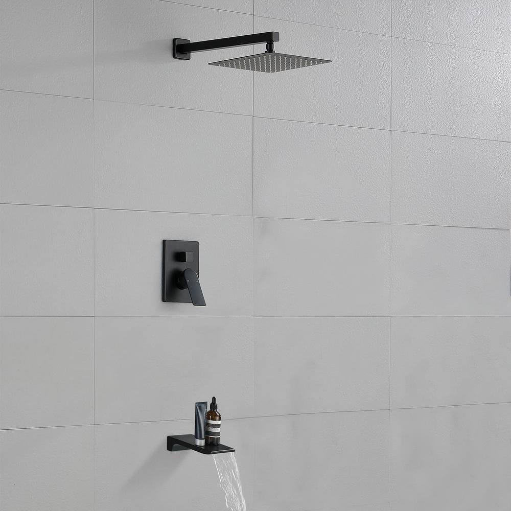 FLG Single-Handle 1-Spray Tub and Shower Faucet with 10 in. Shower Head Brass Shower System in Matte Black (Valve Included) SS-0176-MB