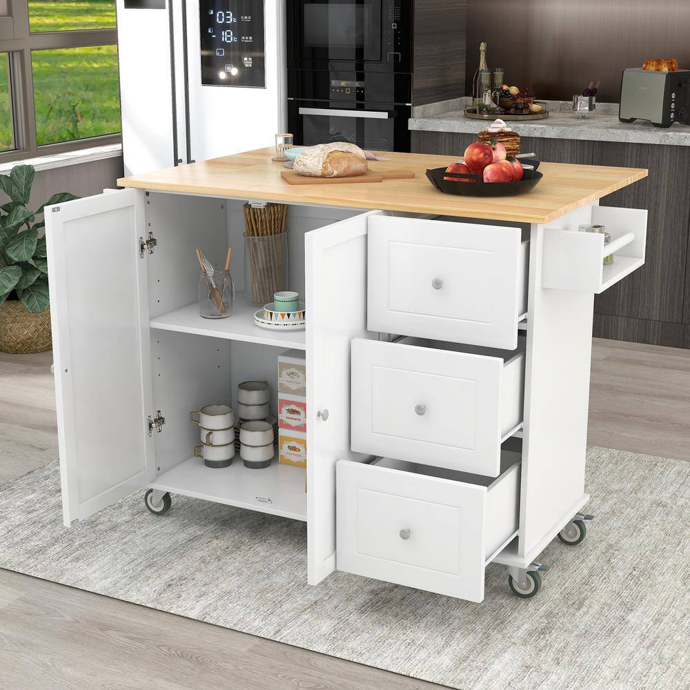 ARTCHIRLY Brown Solid Wood Top 52.7 in. White Kitchen Island with Drop Leaf Breakfast Bar and Drawer KISWF287035AAW