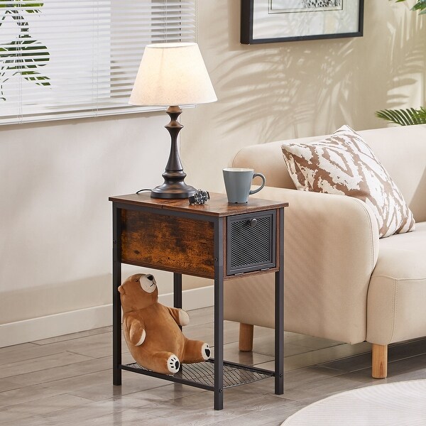 Flip Top Side Table with 1-Drawer and Steel Mesh Shelf ，Slim Sofa Table， Rustic Brown