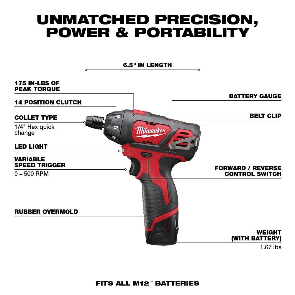 MW M12 FUEL 12V Lithium-Ion Cordless High Speed 14 in. Ratchet and 14 in. Hex Screwdriver Kit (2-Tool) 2566-20-2401-22